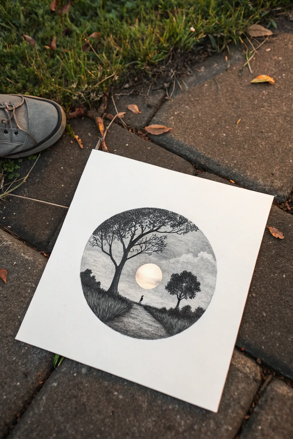 Charcoal circle landscape vignette with bold dark edges and a softly glowing center