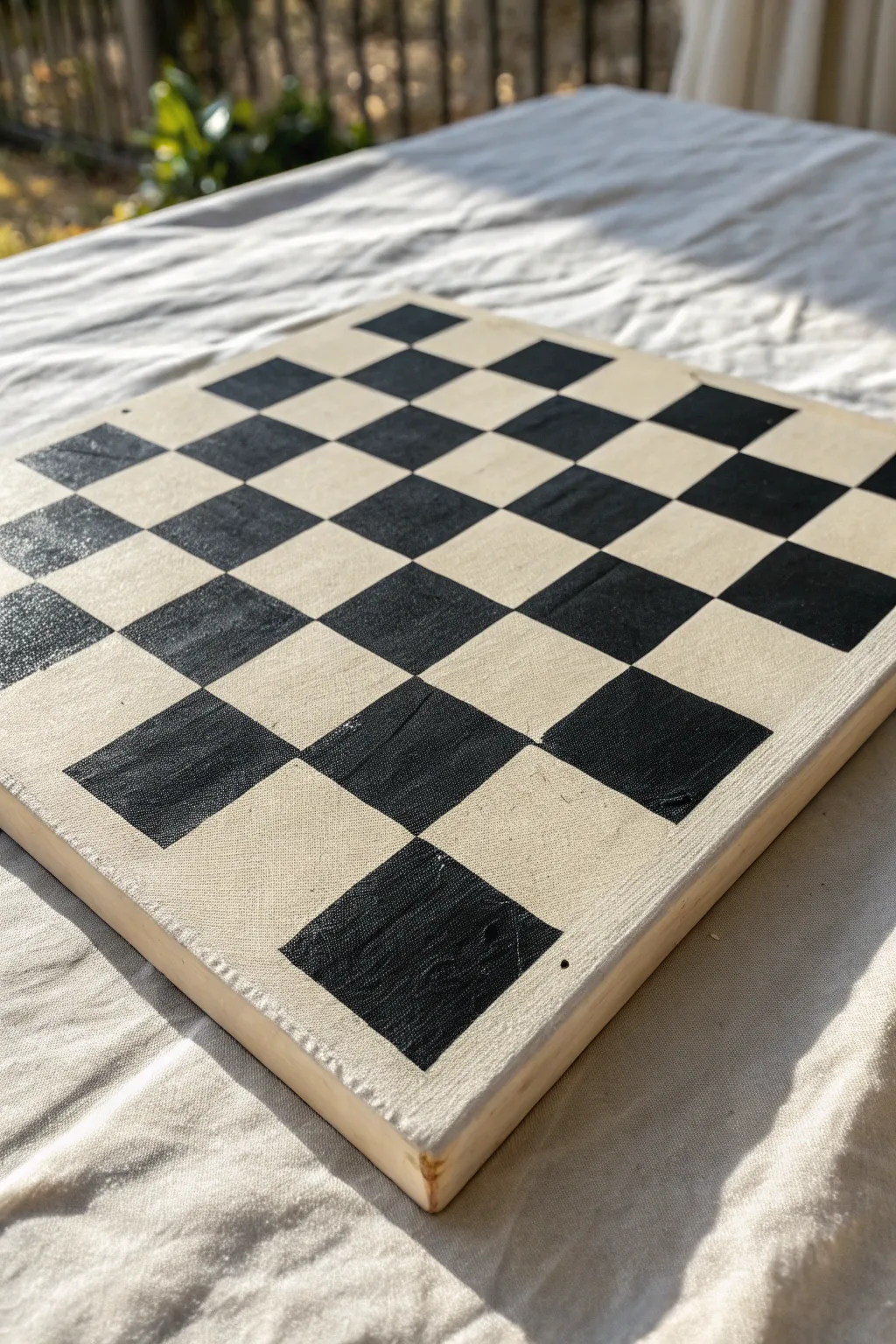 Negative space checkerboard: bold charcoal squares reveal the creamy base coat for effortless contrast.