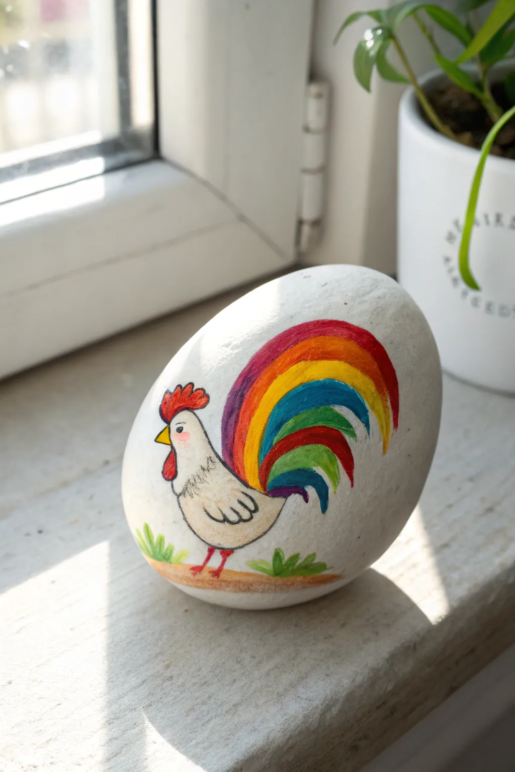 Rainbow-feather chicken rock in bright light, minimalist boho styling, bold contrast and glow