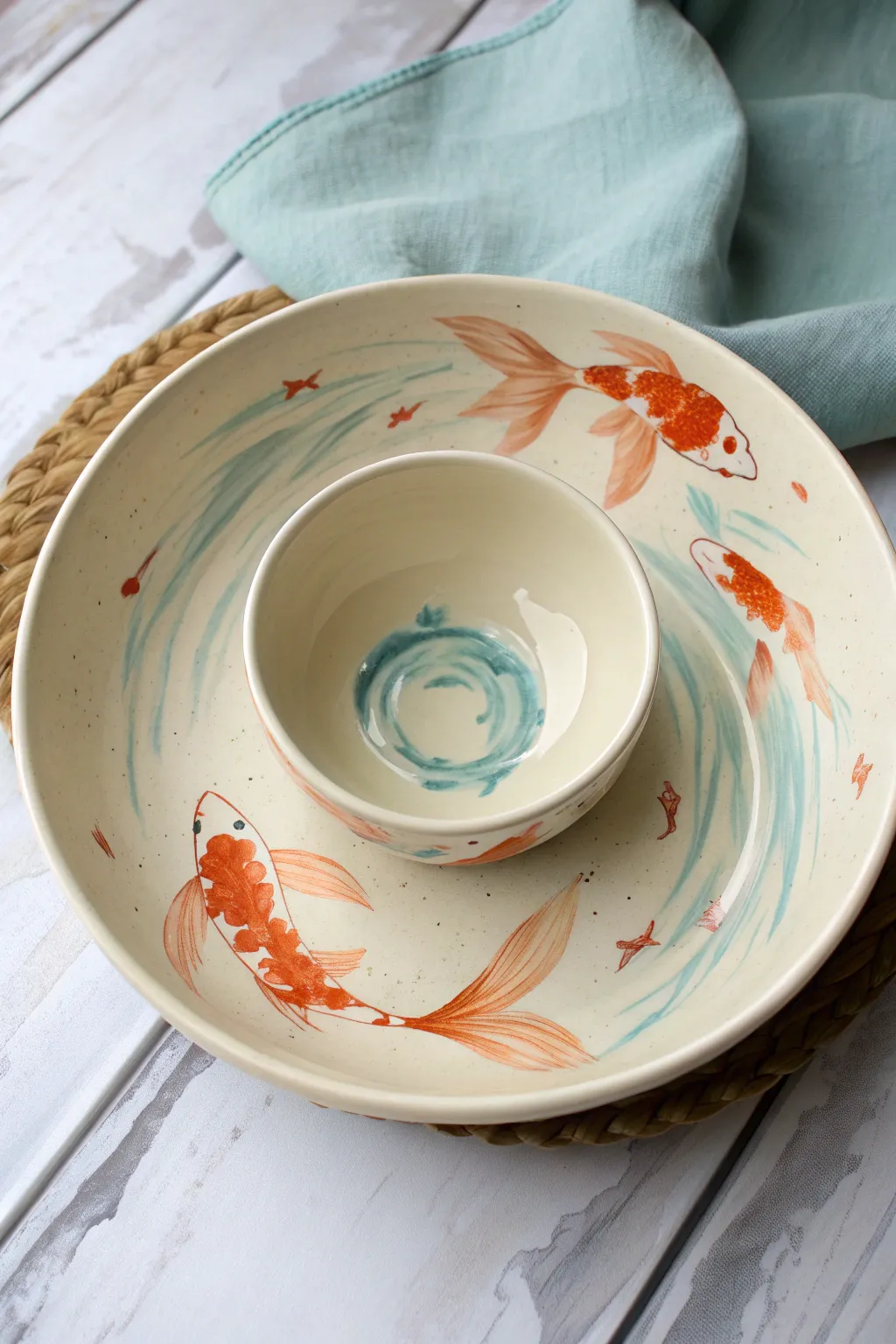 Koi-inspired chip and dip bowl design with gentle watercolor swirls around the center well