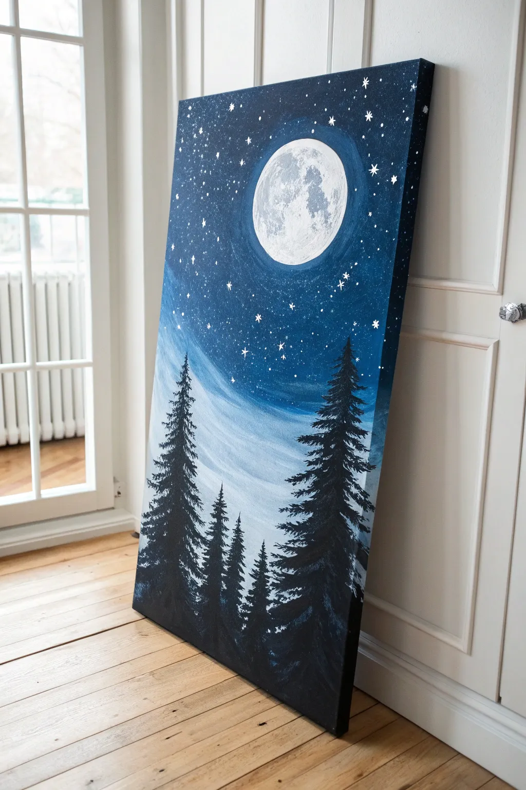 Capture the magic of a silent winter night with this dreamy moonlit canvas idea.