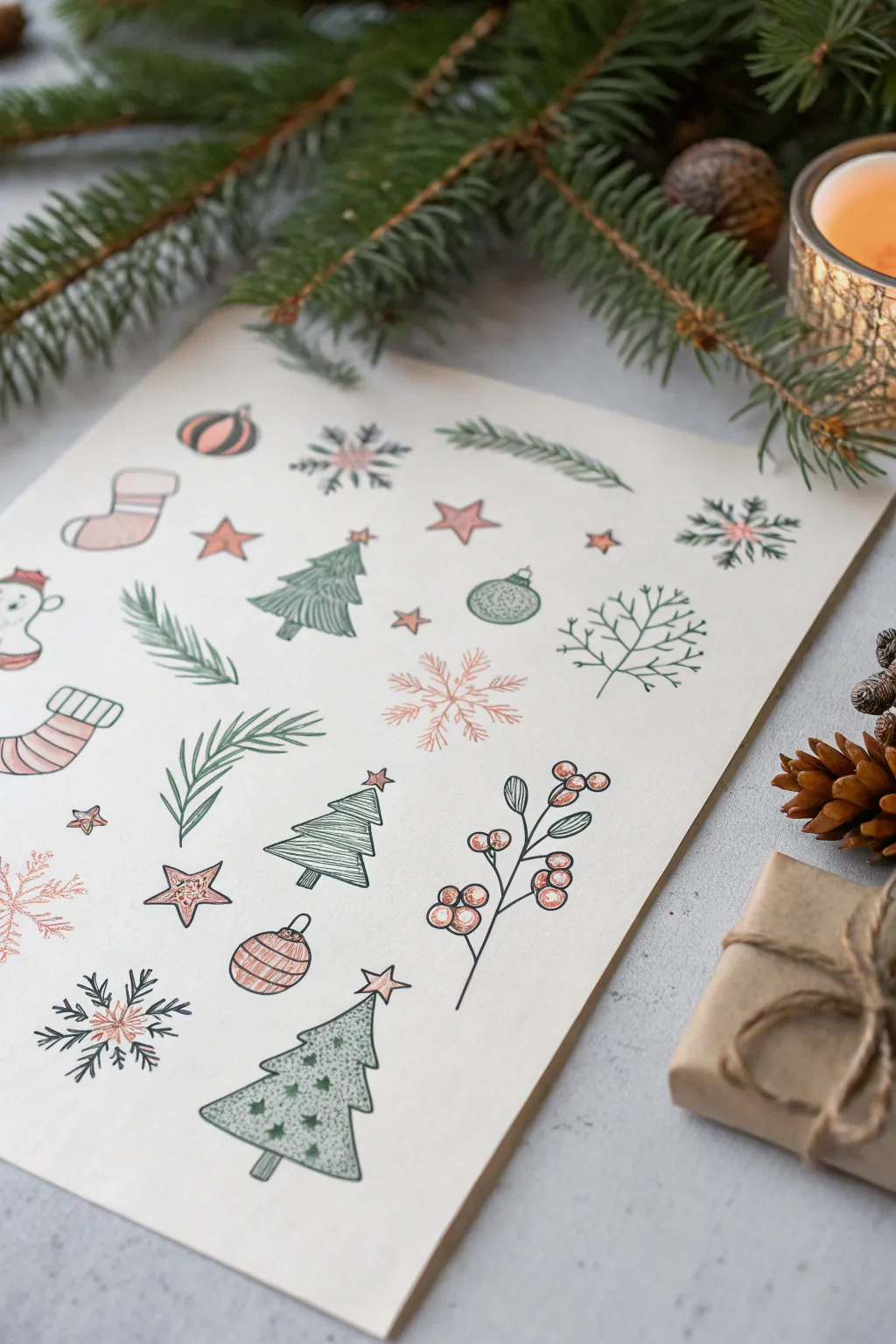 Minimal Christmas doodle sticker sheet in ink and soft watercolor, clean spacing and cozy contrast