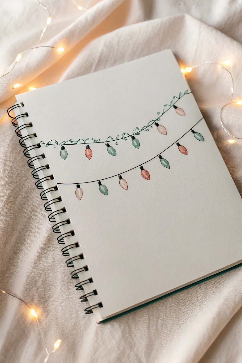 Minimal string of Christmas lights drawing idea with flat colors and soft glow, easy and cute