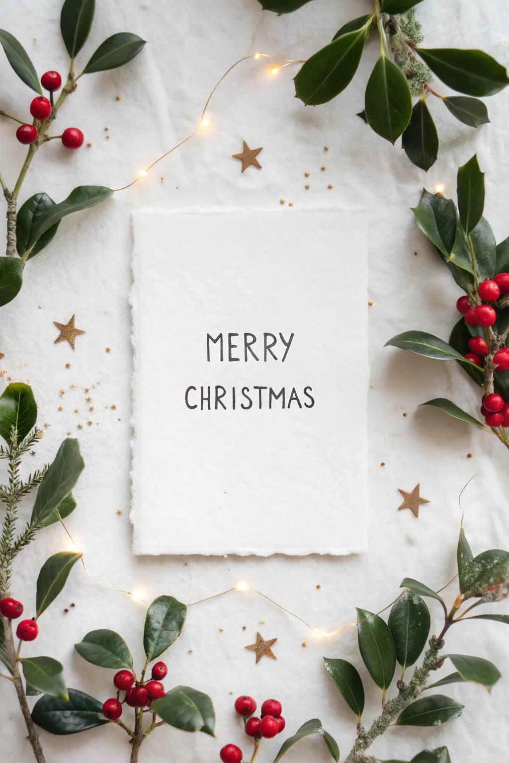 Minimal holiday lettering framed with holly and berries, crisp ink on bright white paper