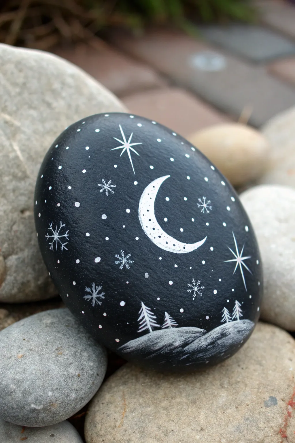 Paint a midnight Christmas sky rock that glows softly when the lights go low at night.