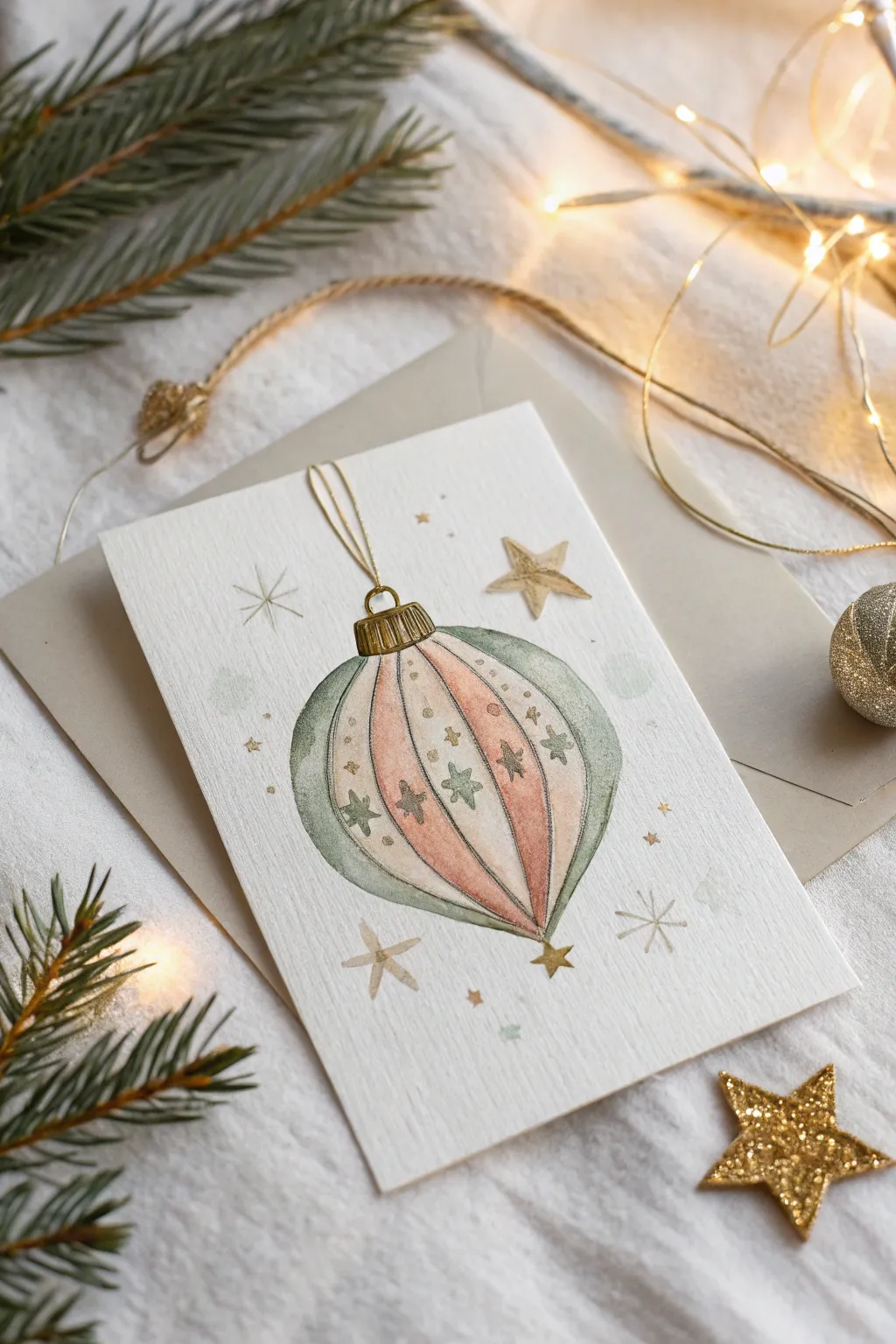 Minimal watercolor ornament with delicate metallic gold accents and tiny stars on crisp white