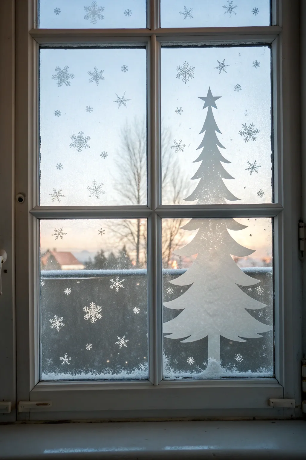 Frosted window dots and haze, with a crisp negative-space tree silhouette in the center.