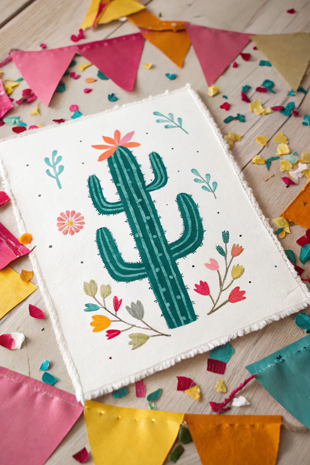 Make a layered Cinco de Mayo collage painting with cactus, banners, and bright confetti pops