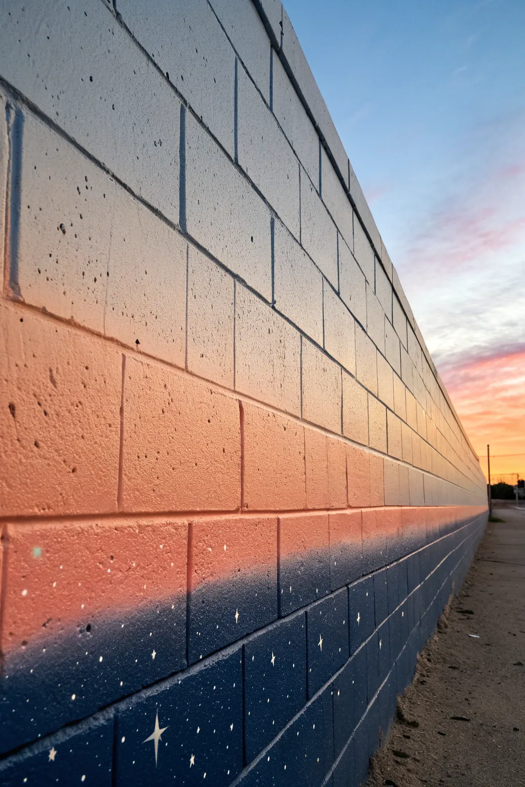 Sunset-to-night galaxy gradient on cinder blocks, dotted stars and rich golden-hour contrast.