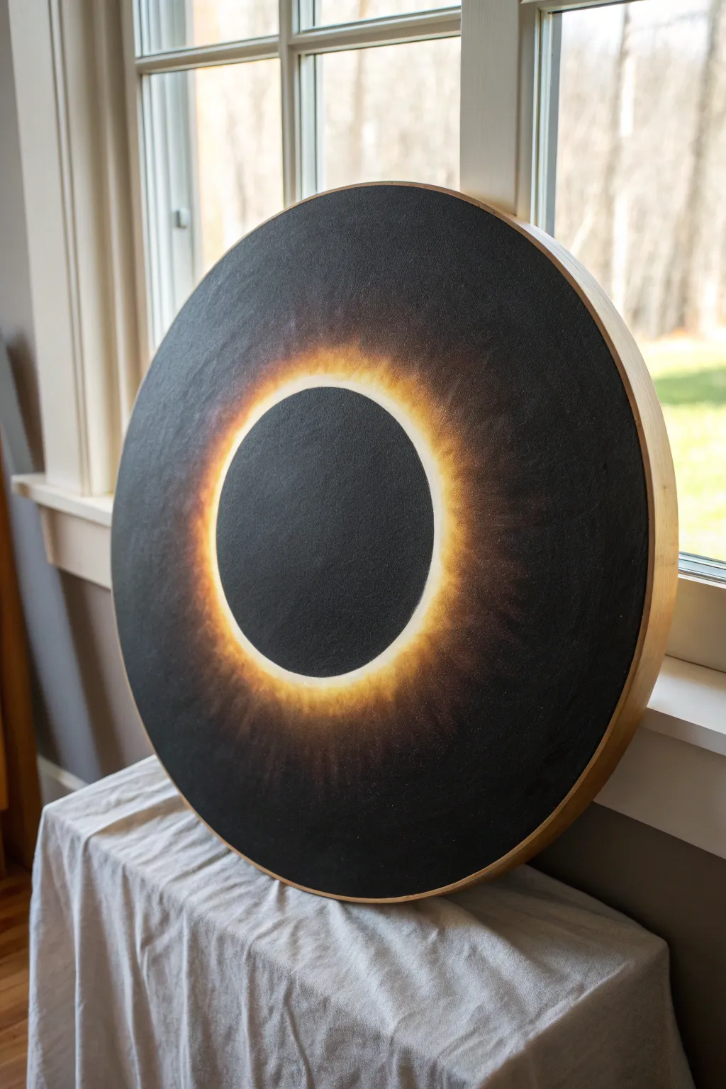 Minimal eclipse on a round canvas: bold negative space with a soft glowing halo and rich contrast