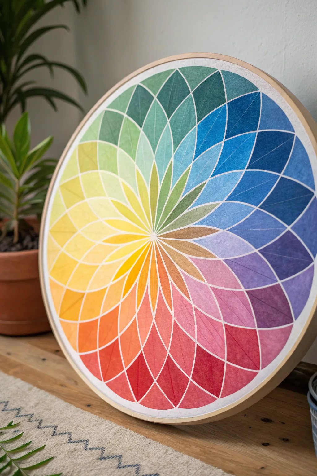 A modern color wheel bloom on a round canvas, softly blended petals and a luminous edge ring
