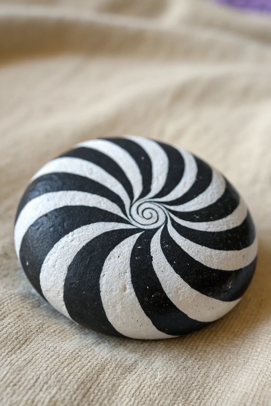 Black-and-white spiral op art rock painting with bold contrast and clean minimalist style