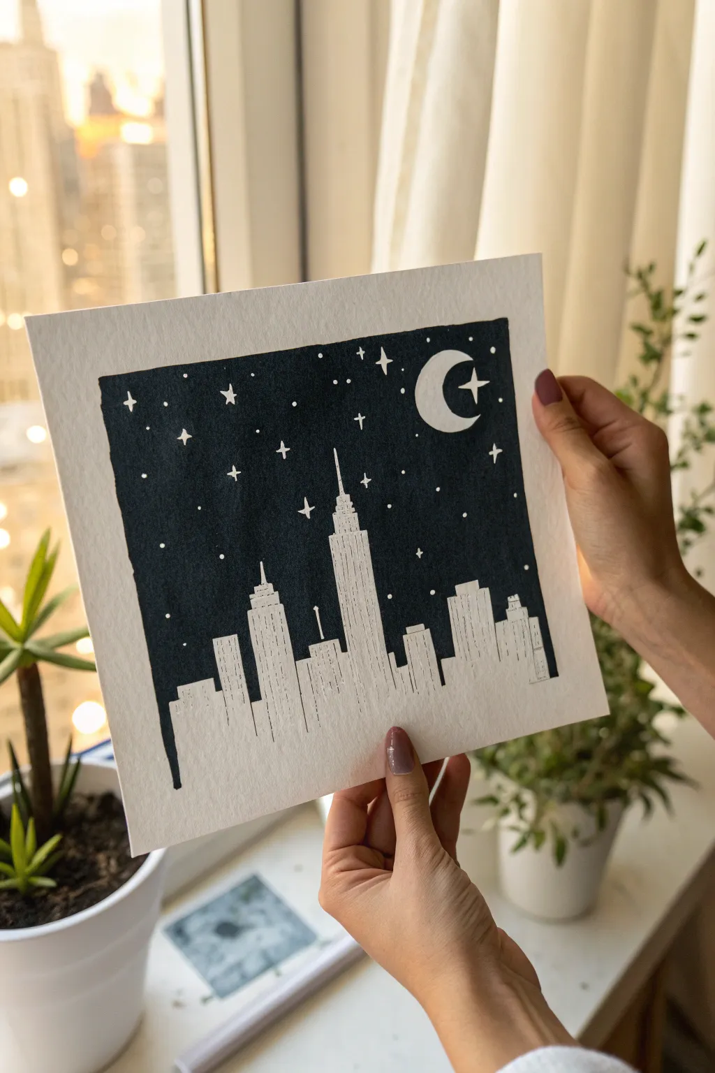 Crisp white negative-space skyline on a deep charcoal night wash, dotted with tiny stars and a moon.