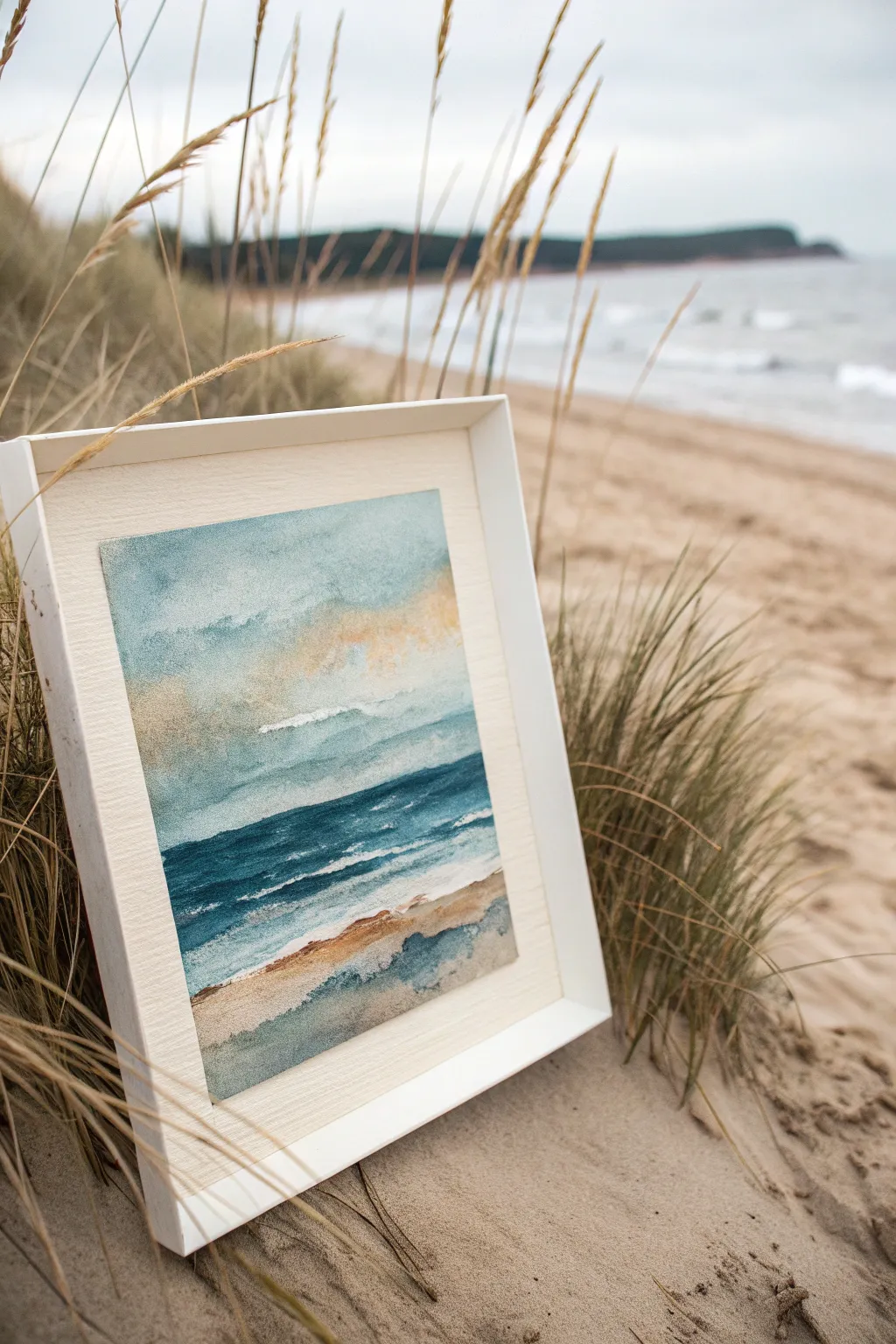 Minimalist sea-and-sand block painting with scratchy dune grass marks in calm coastal tones.
