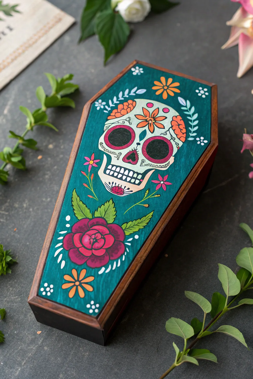 Sugar skull coffin lid with bright floral crowns on a dark backdrop, bold yet minimal.