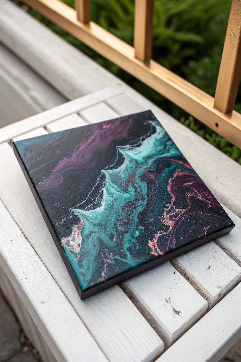 Copper, teal, and deep plum swirl into a dark luxe pour with radiant metallic lacing.