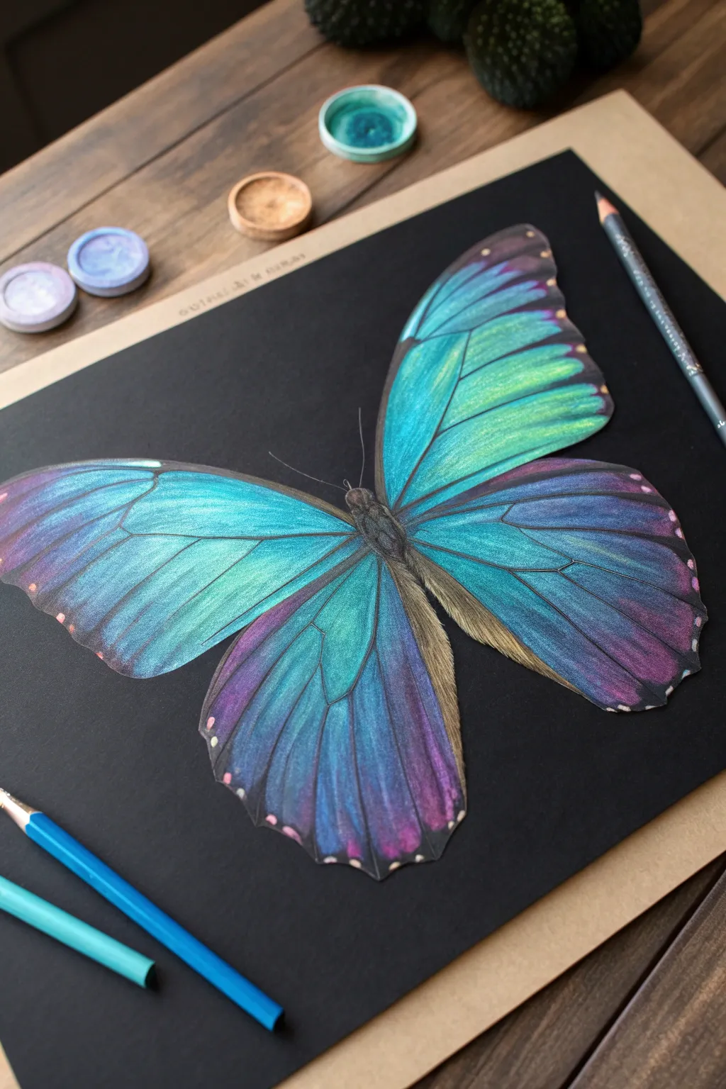Iridescent butterfly wings on black paper, layered colored pencils for a luminous high-contrast glow