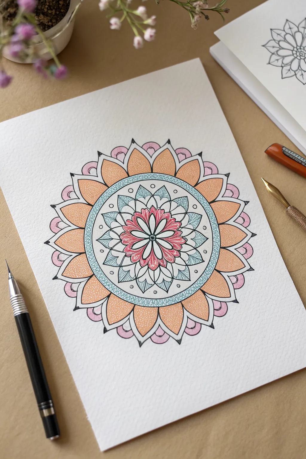 Beginner mandala with simple petal repeats and bright alternating colors for an easy, calming draw