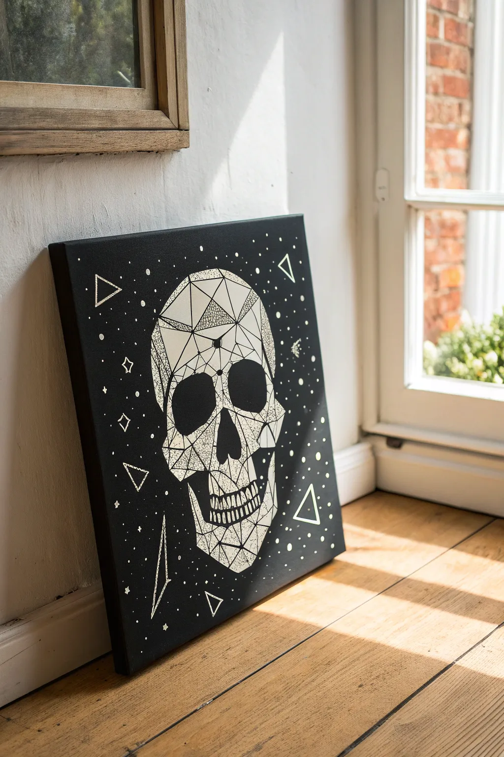 Optical illusion skull from crisp shapes, bold black and white, minimalist canvas idea to paint.
