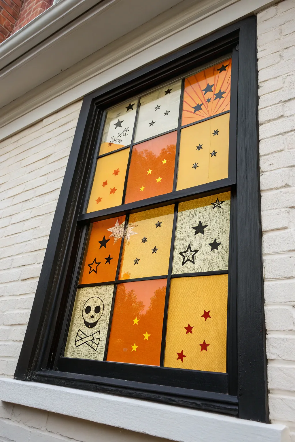 DIY faux stained glass window art with bold black lines and candy-corn spooky motifs