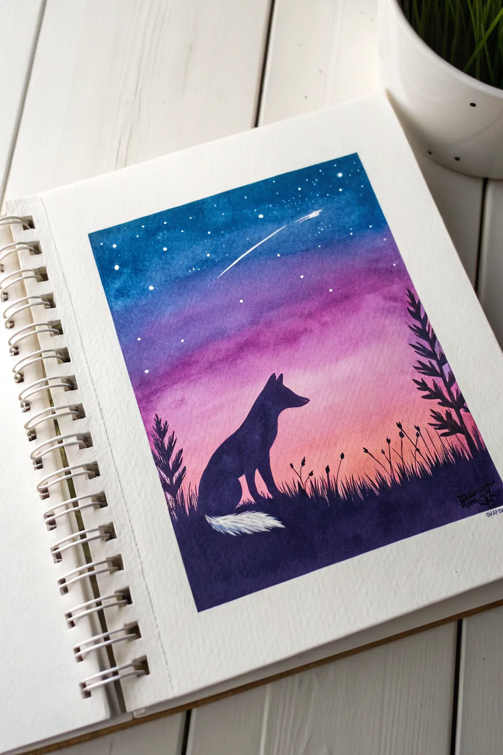Neon gradient sky with a clean negative-space fox silhouette for a bold modern painting idea