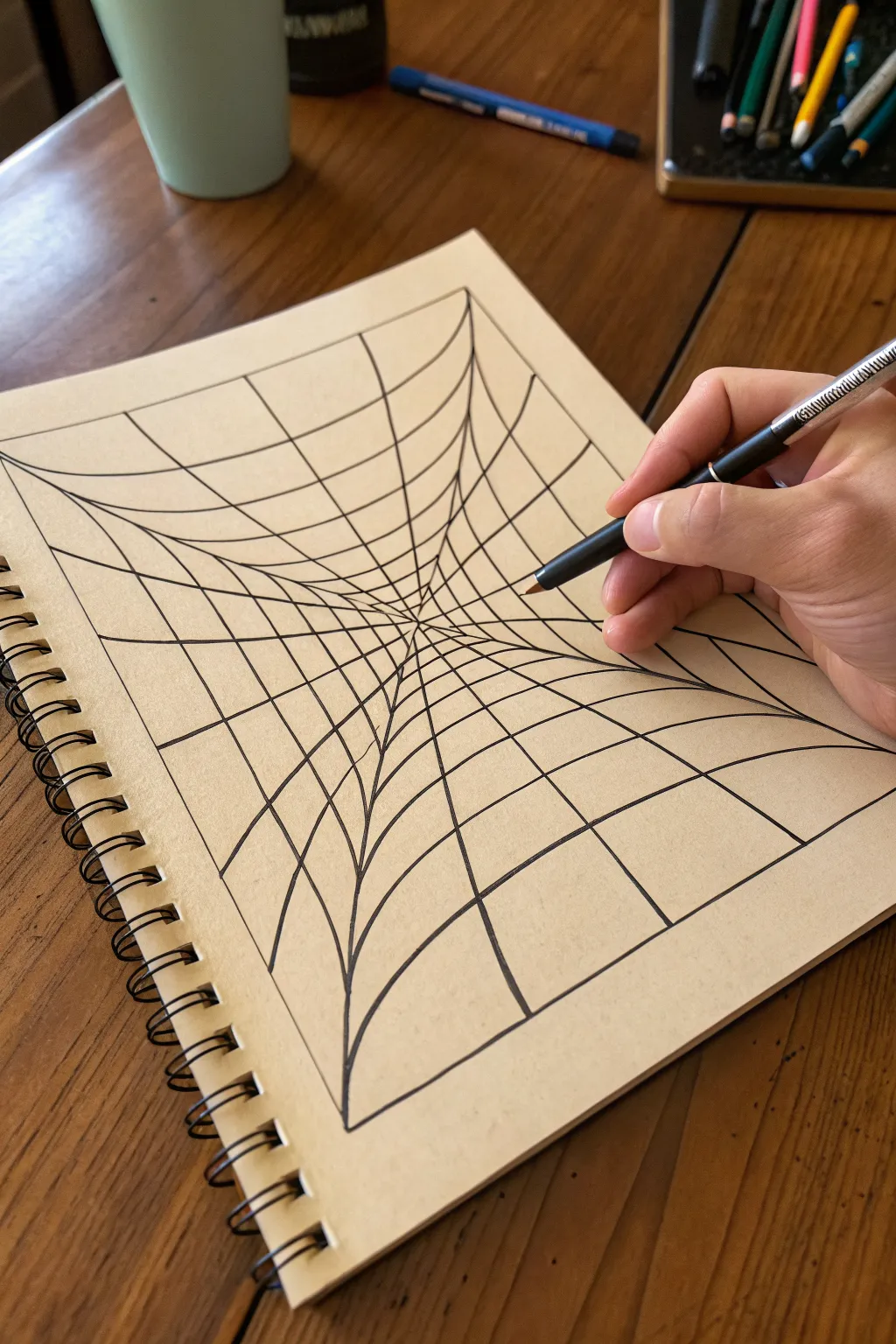 Draw this mesmerizing inward-warp grid for a chic minimalist optical illusion pattern.