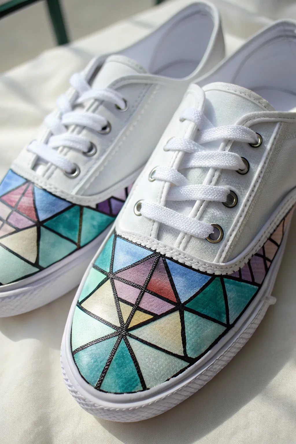 Stained glass sneaker art with bold dark outlines and soft translucent color fills on a clean white set.