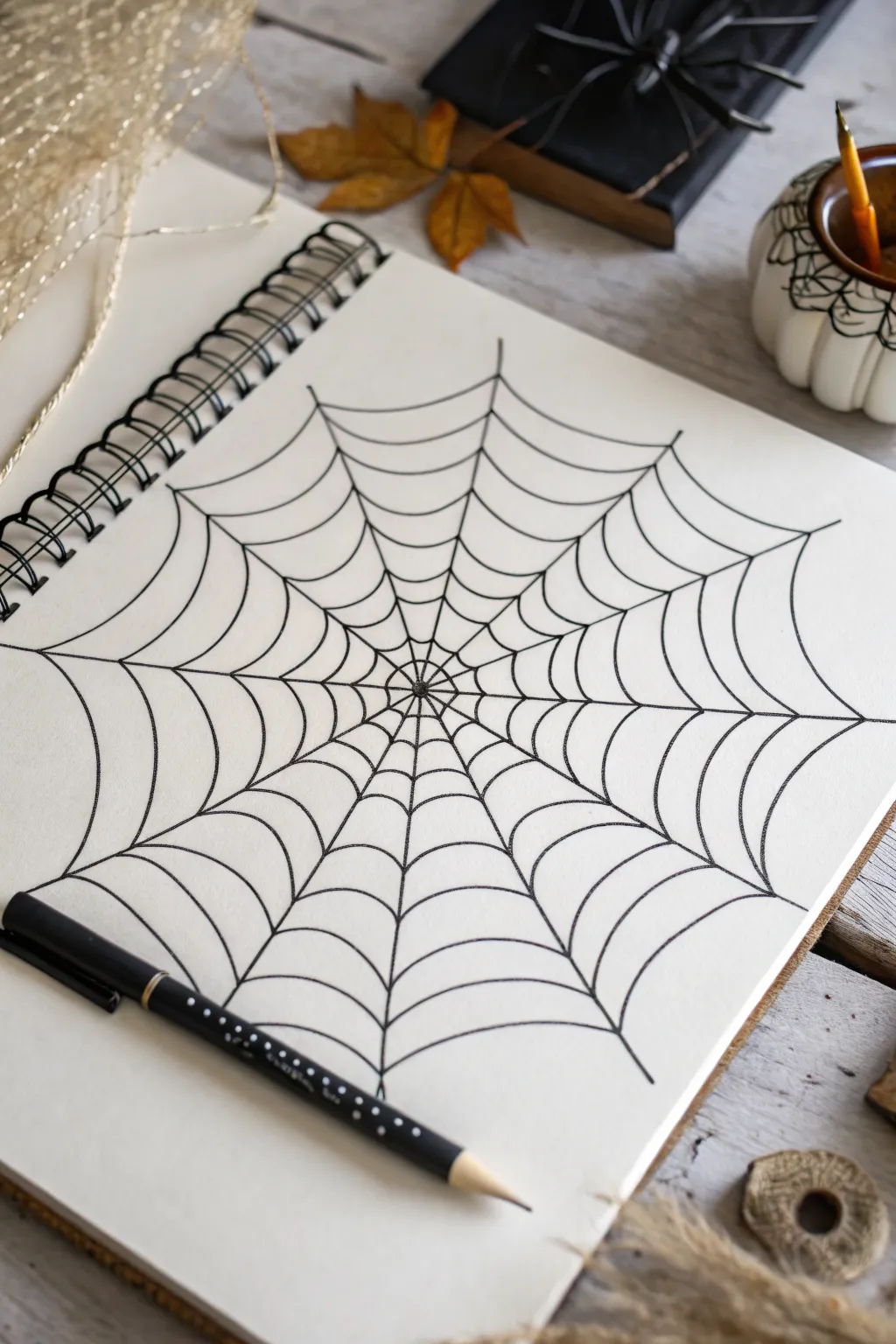 Zentangle spider web with pattern-filled slices for a bold, minimalist drawing idea