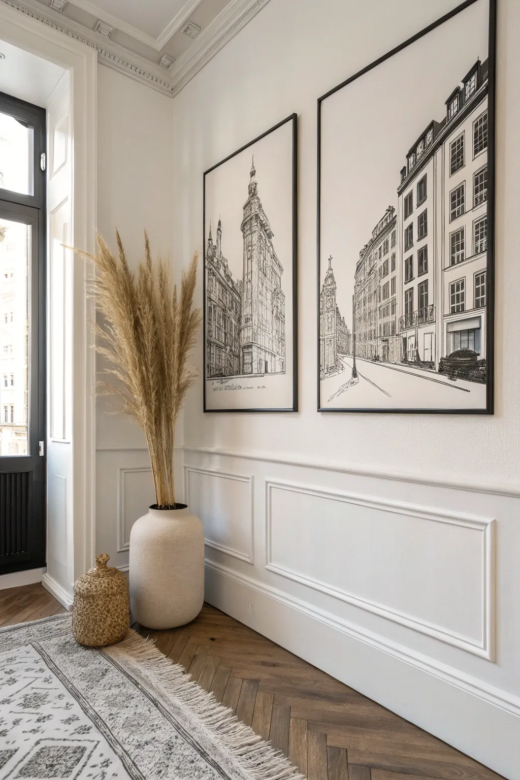 Monochrome two-point cityscape wraps the corner, creating sleek Scandinavian depth.