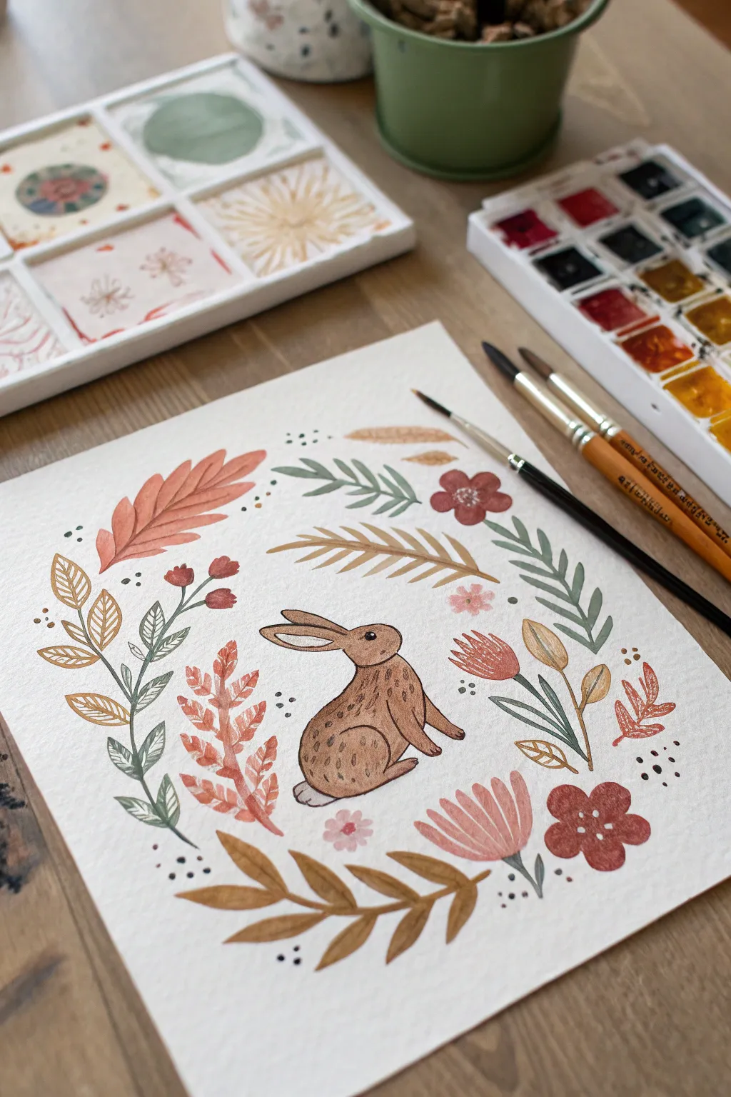 Charming folk art bunny framed with earthy florals, minimalist cottagecore style with contrast