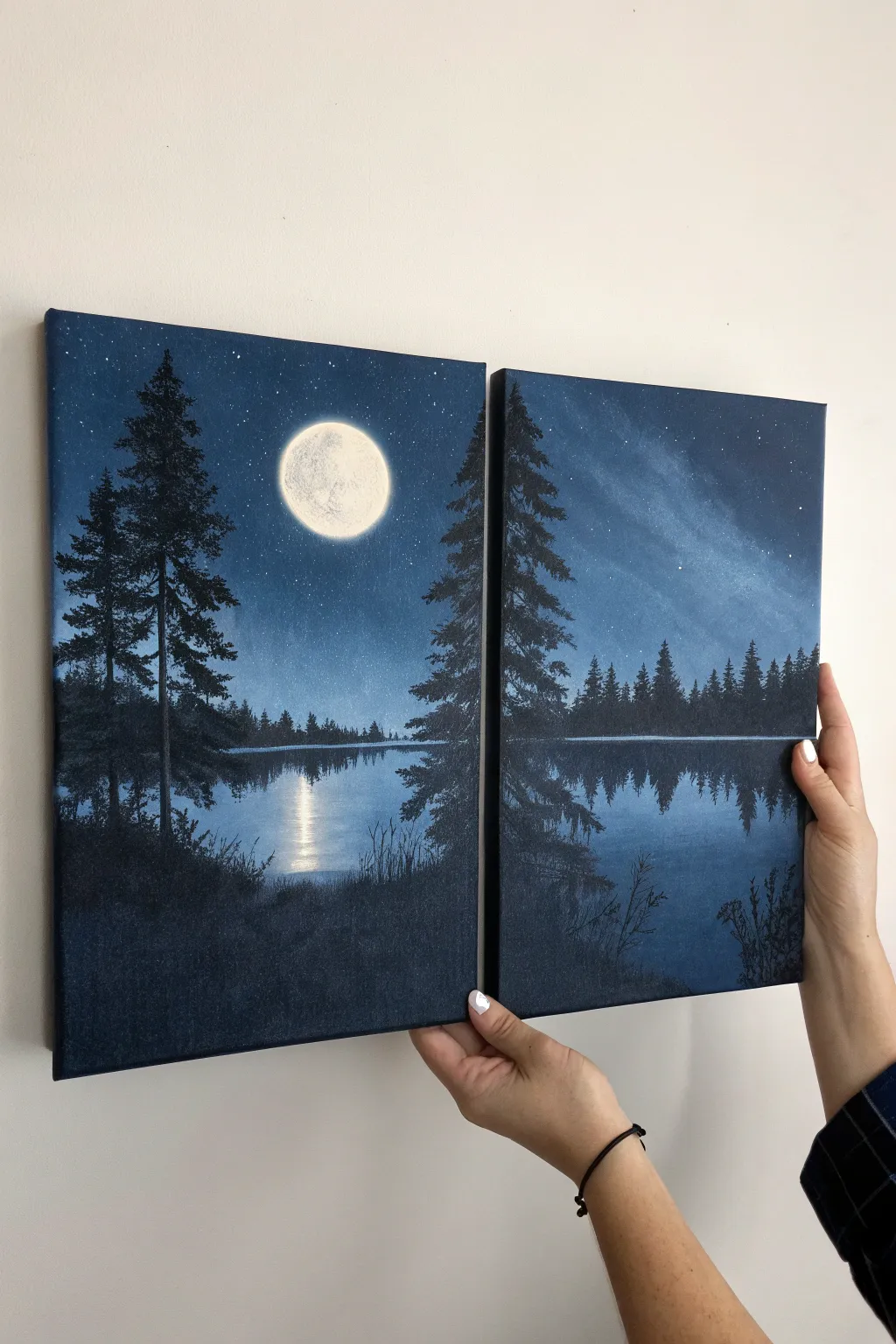Minimalist diptych nightscape with hidden glow layer for a magical couple painting reveal.