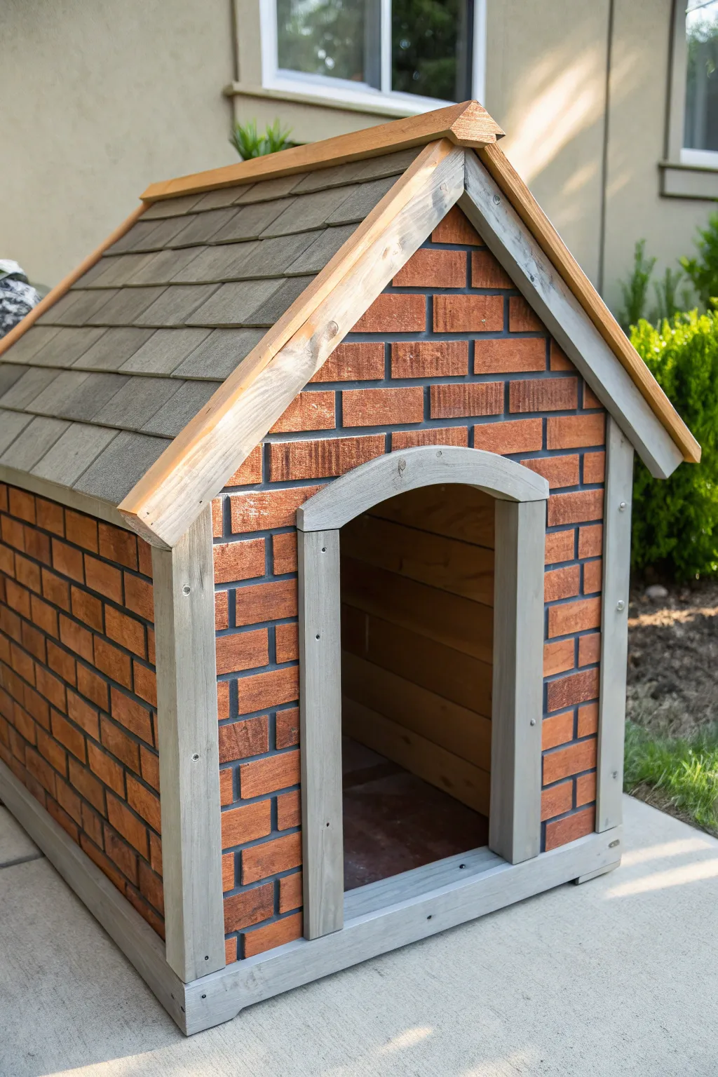 Close-up faux brick dog house paint effect with crisp mortar lines and realistic depth shading