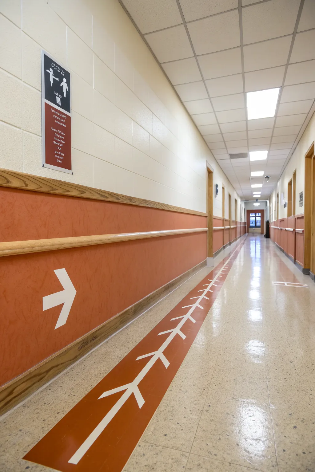 Minimalist color-zone wall band with a simple icon for easy hallway wayfinding in schools