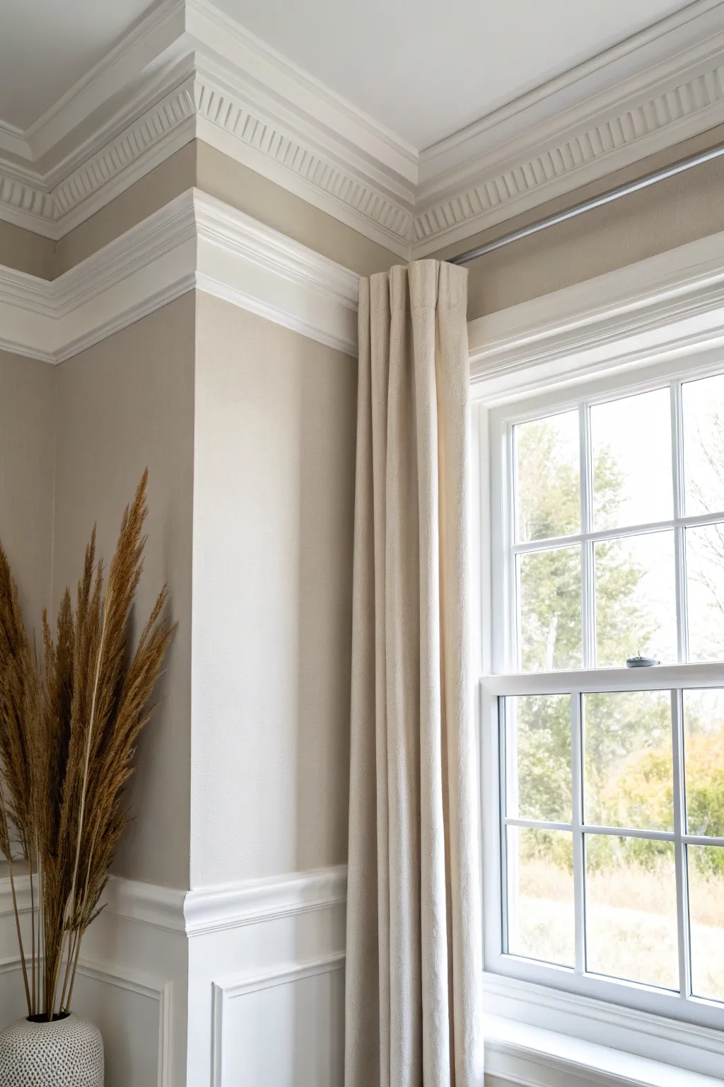 High-gloss crown molding catches window light, creating crisp contrast against soft matte walls.