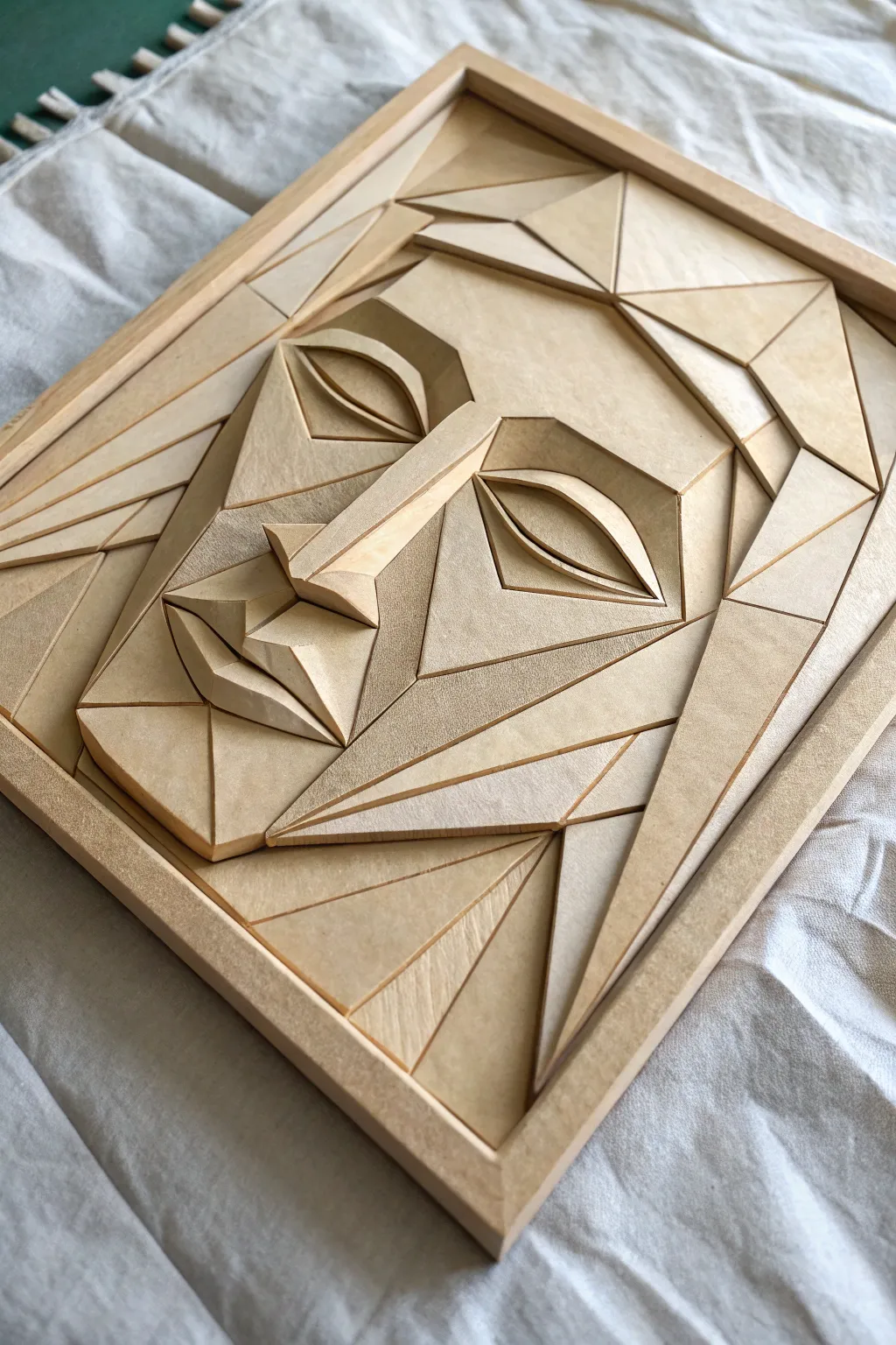 Layered cardboard cubist relief with dramatic side light and minimalist Scandinavian calm