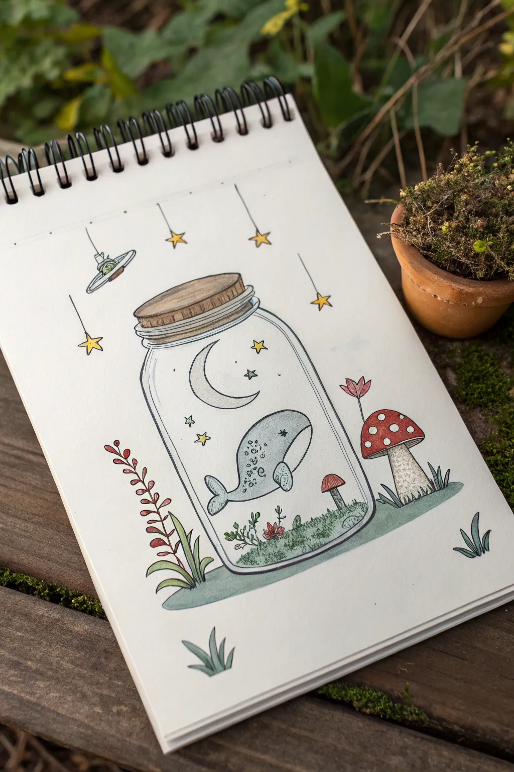 Tiny world in a jar: moon, whale, and mushrooms in a sweet minimalist sketchbook drawing