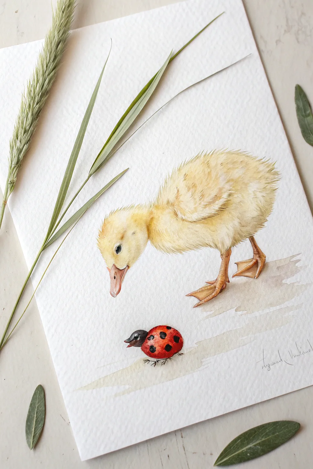 Sweet minimalist duckling meeting a tiny ladybug, perfect for cozy Scandinavian sketch vibes