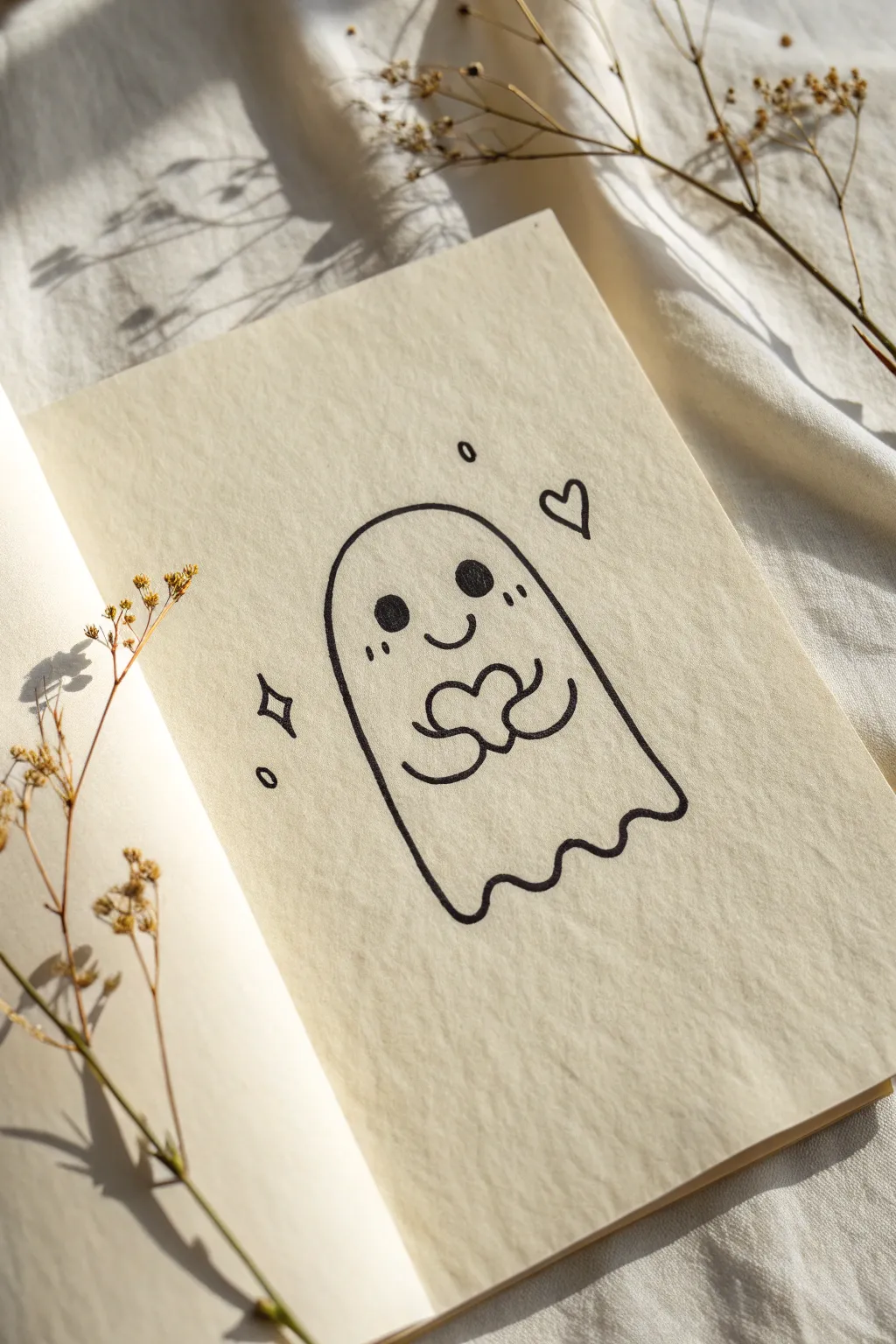 Sweet minimalist ghost doodle hugging a heart, a cute and easy drawing idea for any season