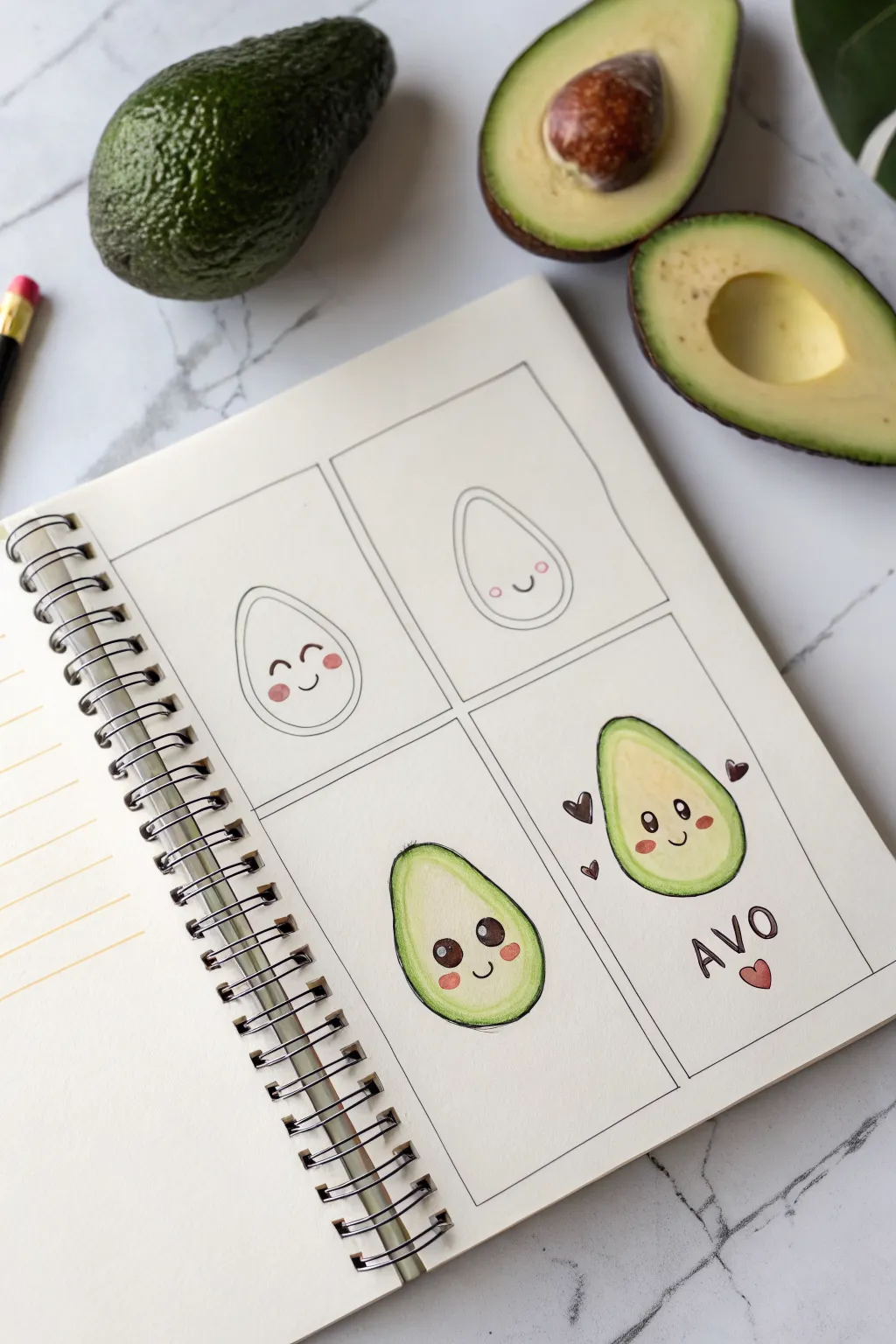6 simple panels turn an oval into a kawaii avocado half with a happy pit and rosy cheeks