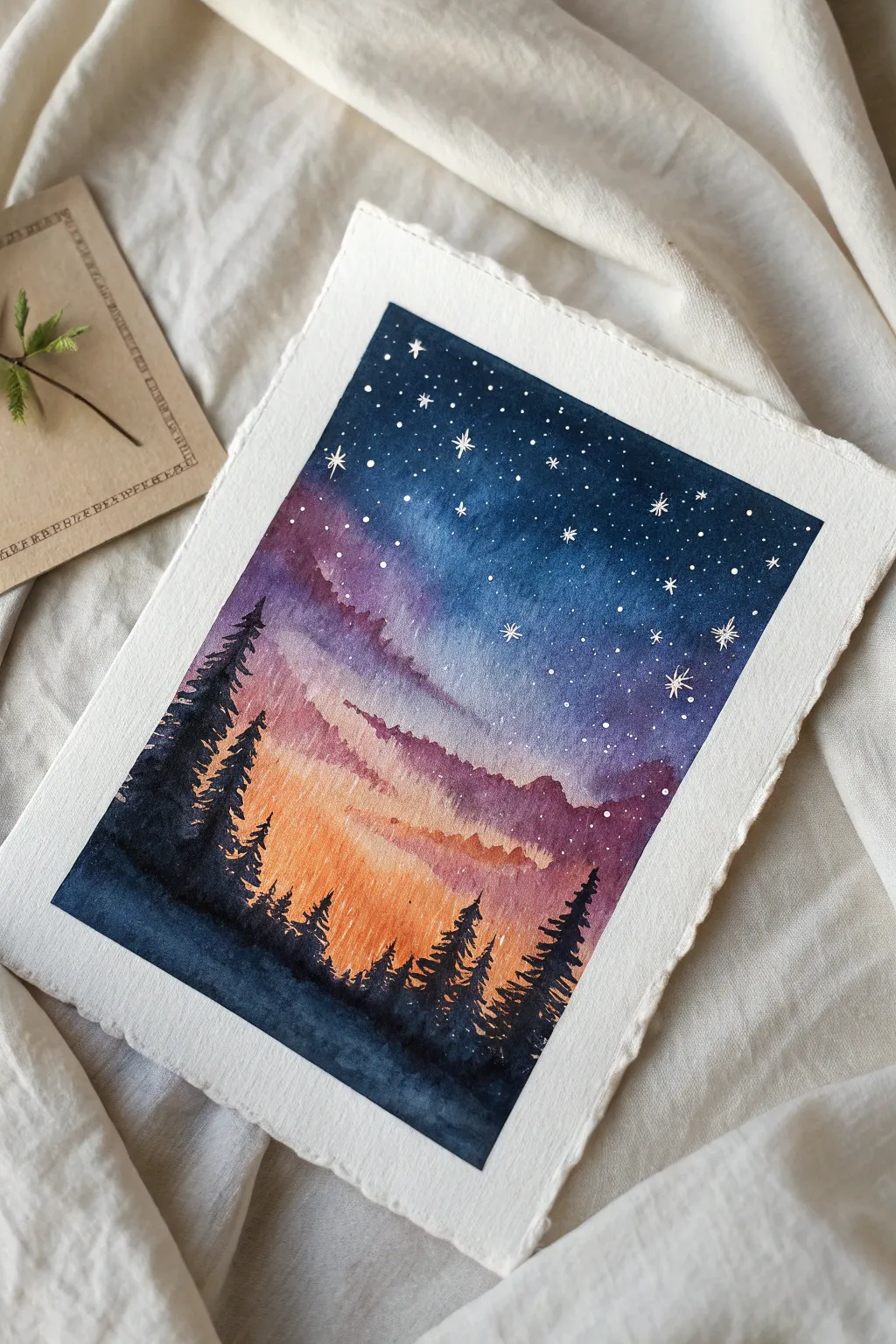 Dreamy fall night sky painting: deep indigo swirls, bright stars, and a warm orange horizon