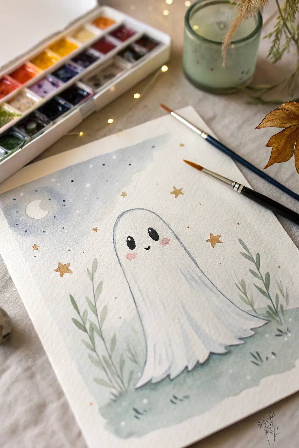 Soft-glow watercolor ghost with dreamy blooms and gentle blue-gray shadow in minimalist style