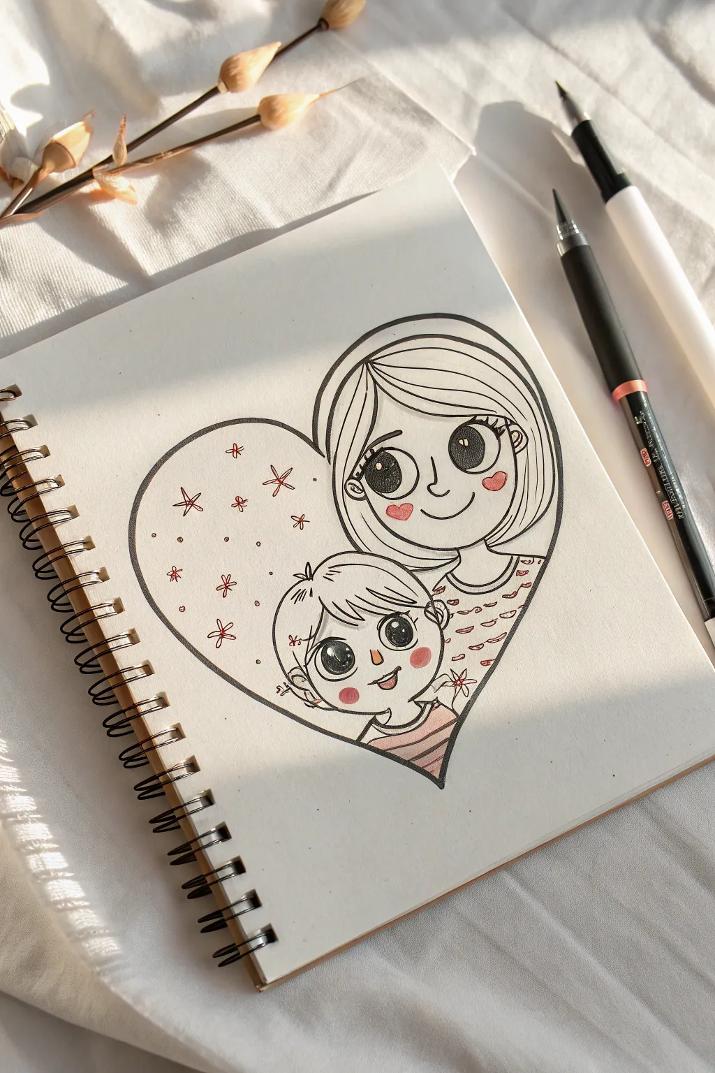 Adorable chibi mom and kid faces in a heart frame, perfect for a sweet Mothers Day drawing