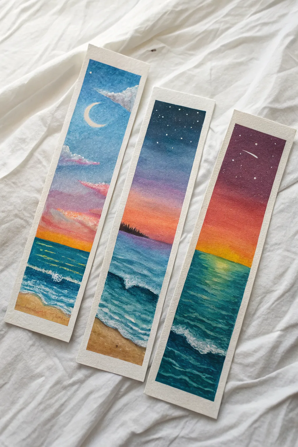 Easy oil pastel bookmark triptych with clean tape borders and simple moon, sunset, ocean gradients