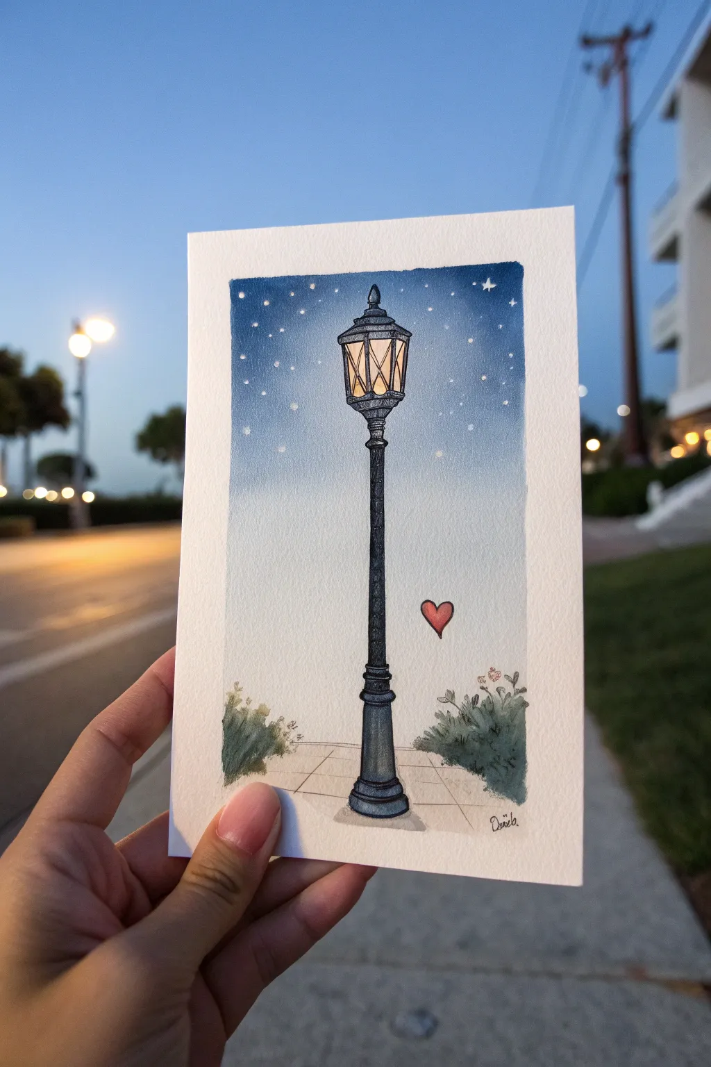 Dreamy streetlamp painting idea: a warm heart-shaped glow under a starry minimalist sky.