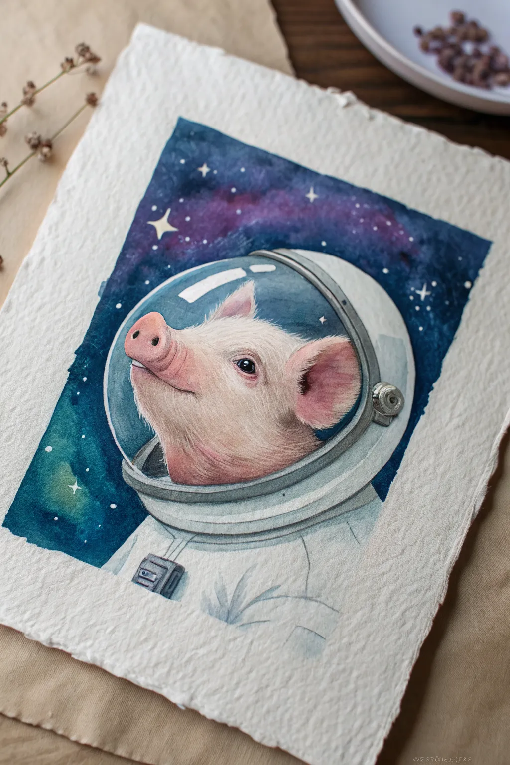 Sweet astronaut piglet drifting through a deep indigo galaxy, minimal and dreamy.