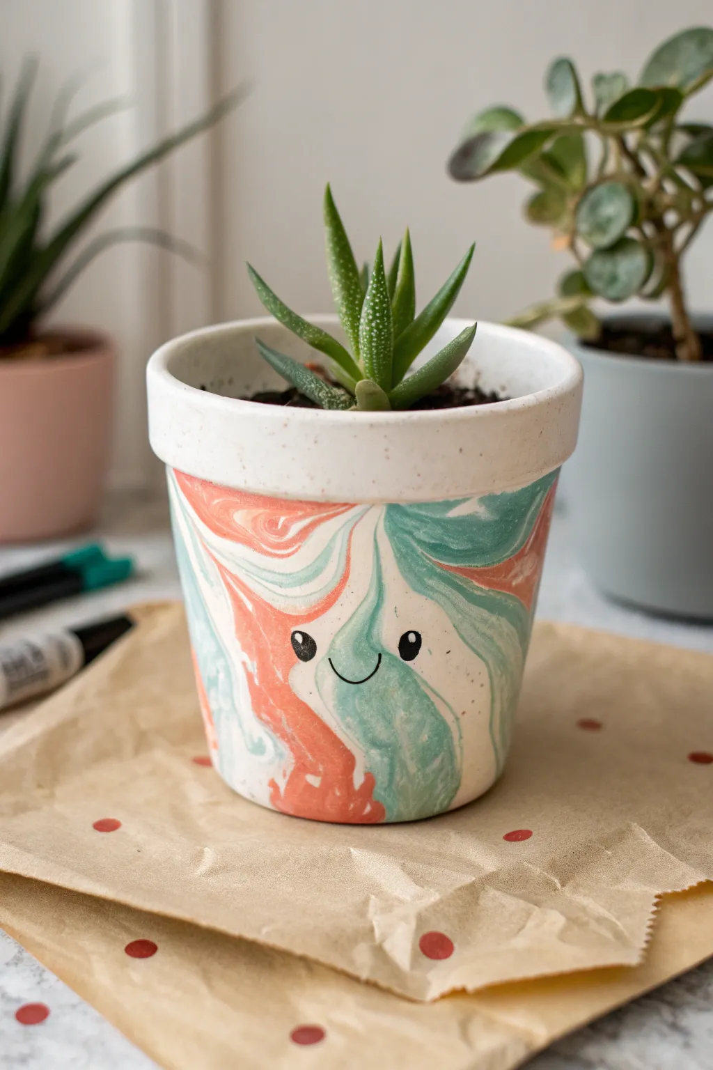 Marbled pour-paint pot in cheerful colors with a tiny face, drips and all, so cute.