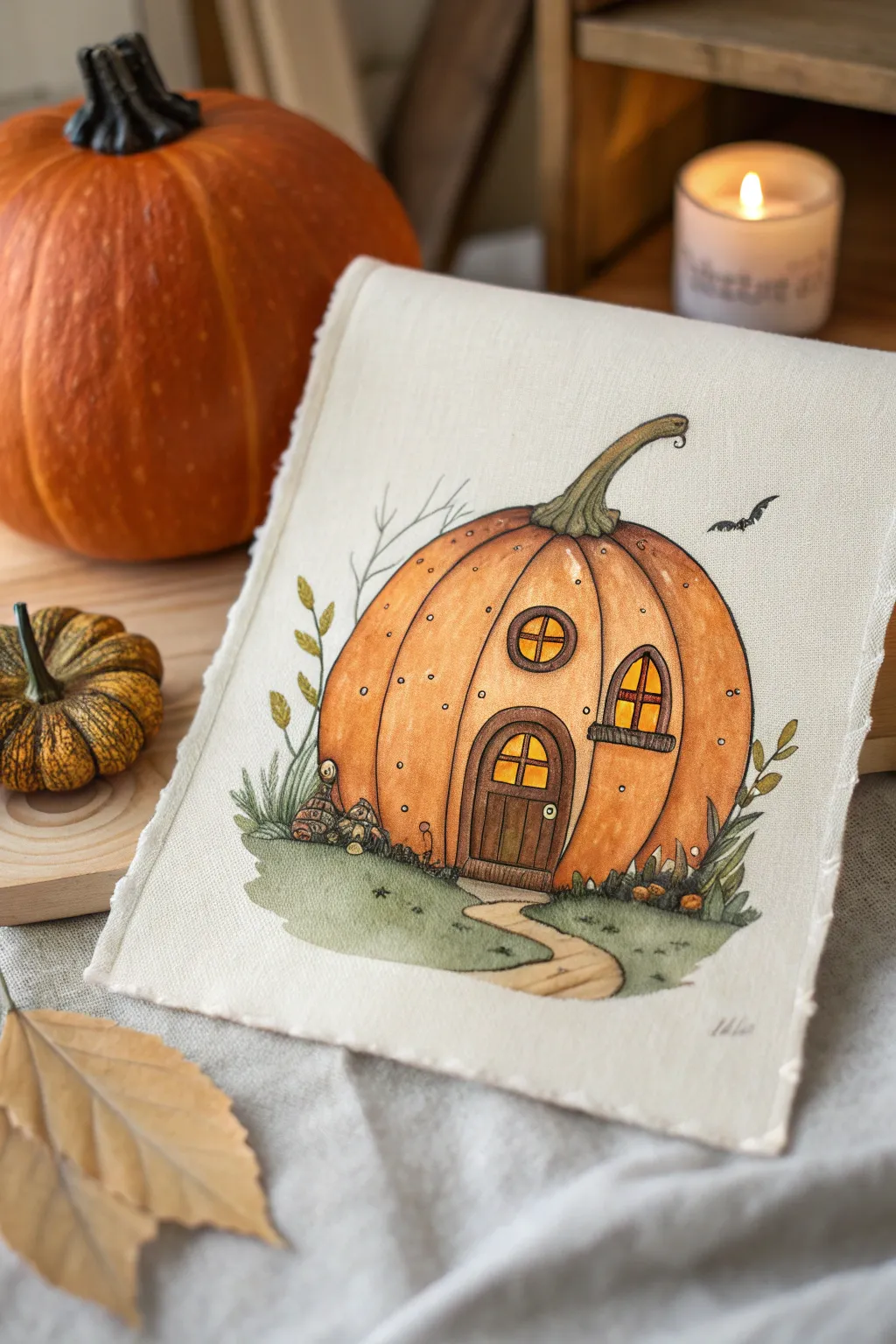 Pumpkin house with glowing windows and a winding path, simple cozy and storybook sweet