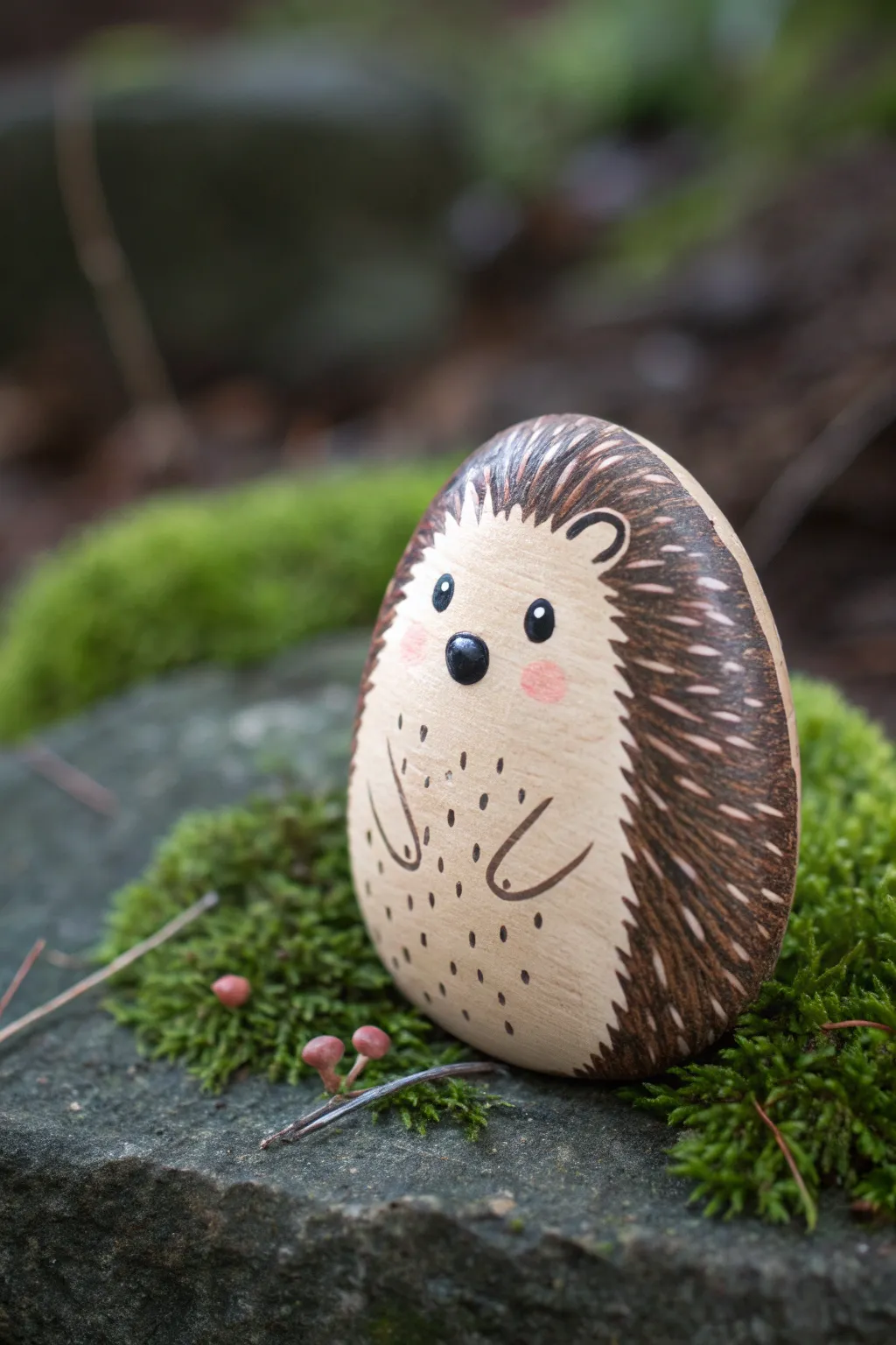 Sweet hedgehog rock with dotted spines on moss, cozy woodland charm in minimalist style