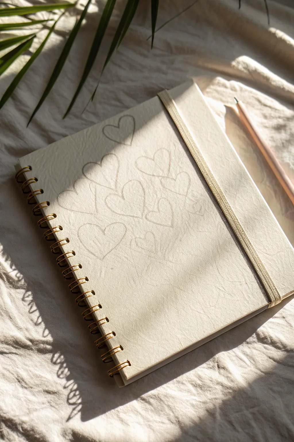 Textured gesso sketchbook cover with soft scribble hearts, minimalist boho and cozy contrast.