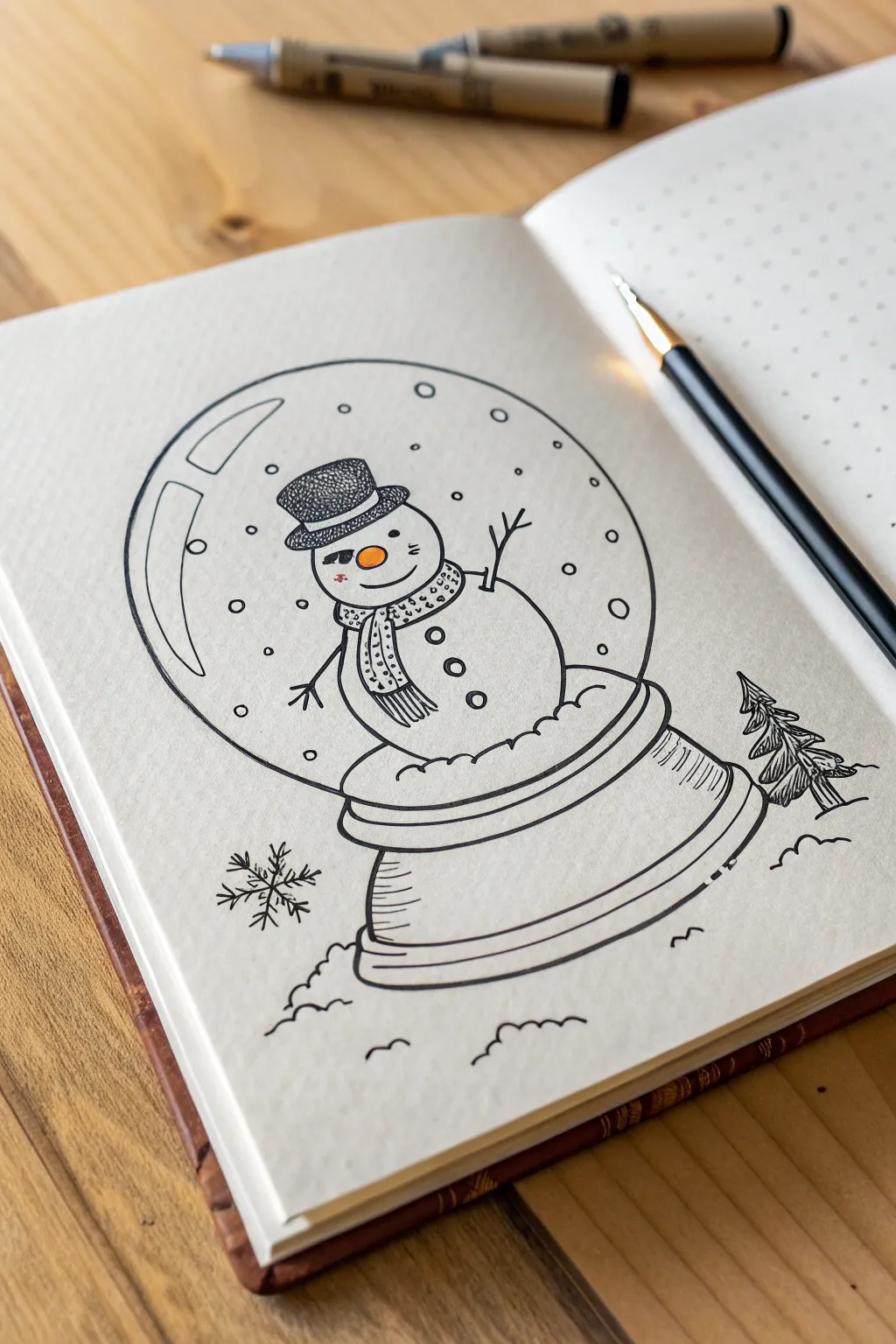 Snowman in a snow globe outline with simple snowflakes, clean lines, and cozy minimalist charm